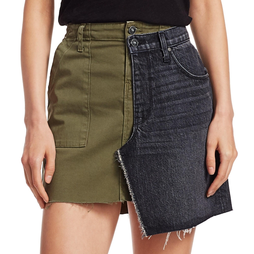 NWT Hudson Green/Black Asymmetric Layered Crossover Denim Wrap Skirt 27 - Picture 1 of 12